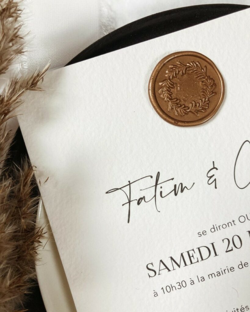 Faire-part de mariage papier coton avec cachet de cire bronze – Arches expression texture 400g – Impression noir