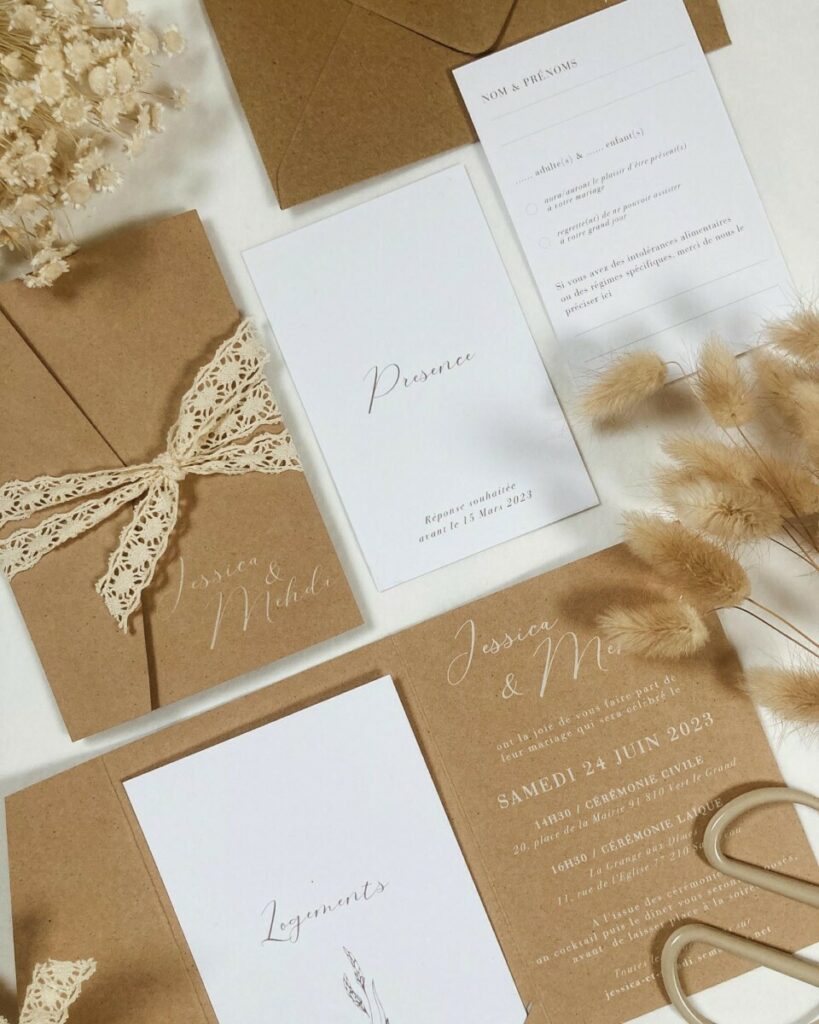 Faire part de mariage Kraft et dentelle avec sa pochette et enveloppe assortie – Impression blanche numérique