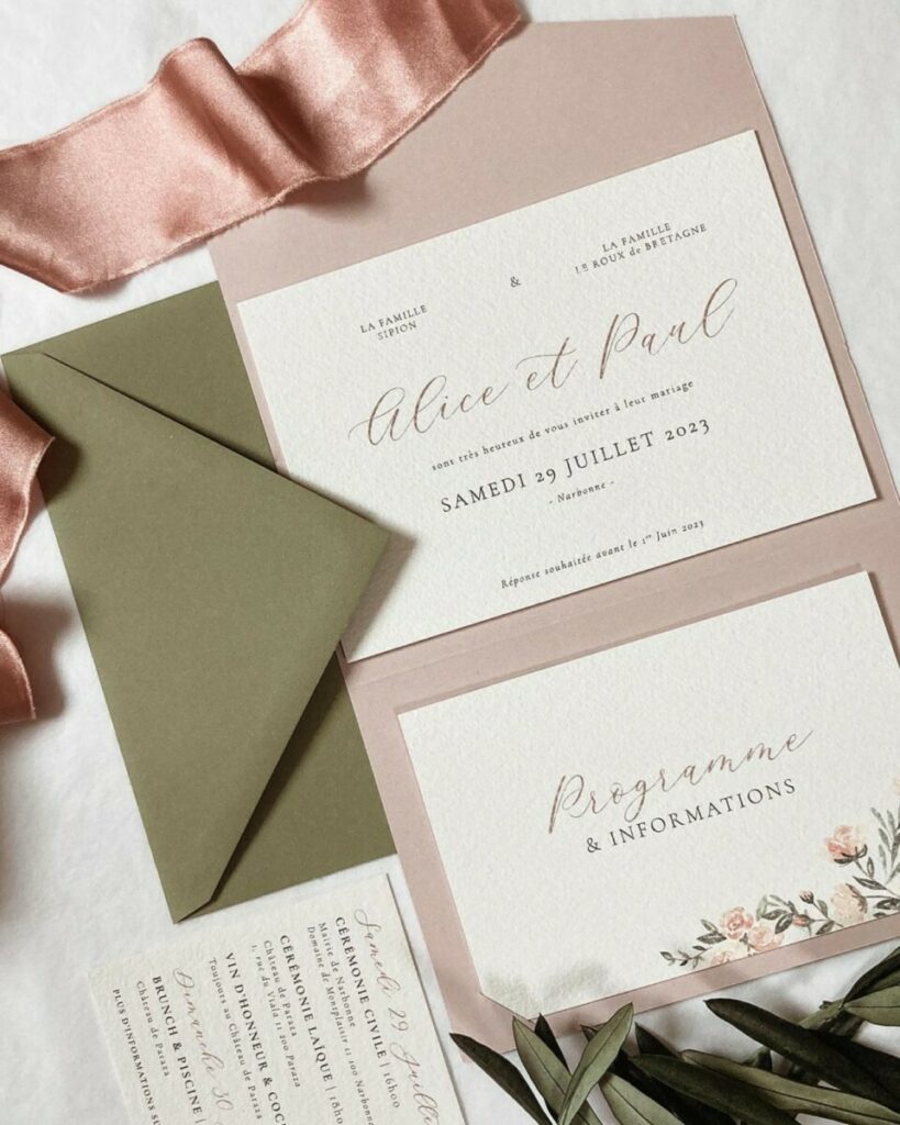 Faire-part de mariage pochette pockart nude – Papier coton arches 400gr – Enveloppes patte pointue kaki