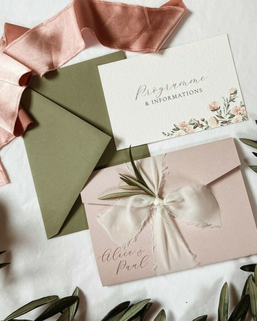 Faire-part de mariage pochette pockart nude – Papier coton arches 400gr – Enveloppes patte pointue kaki