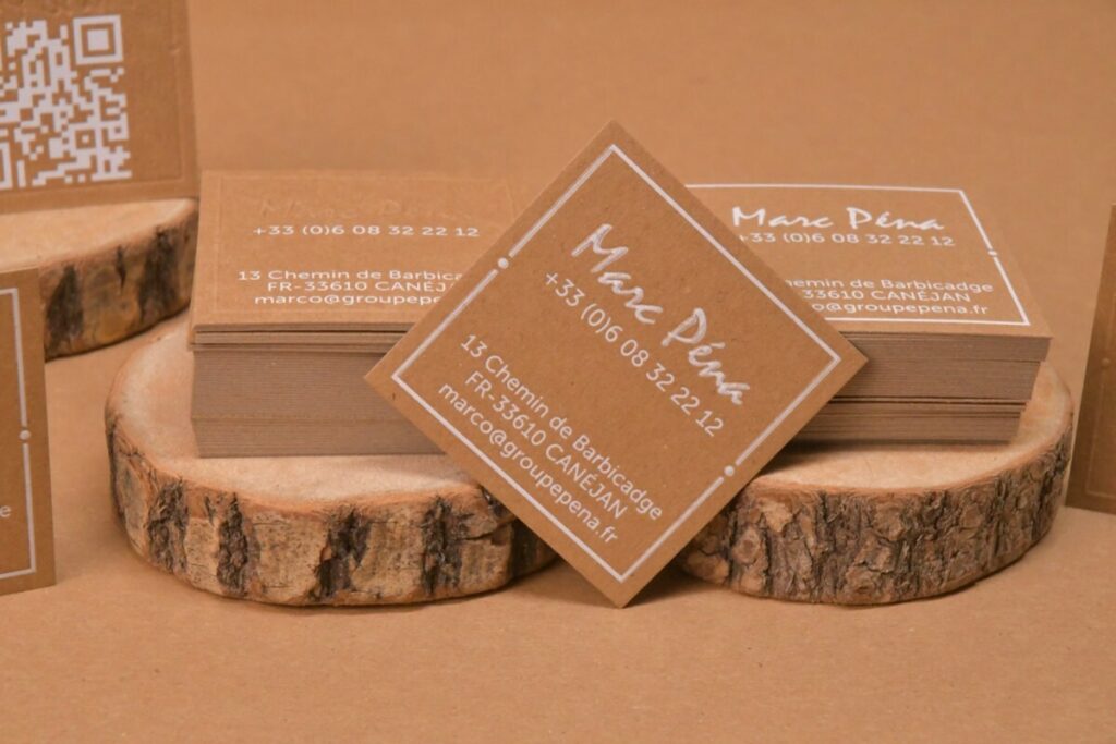 Cartes de visites carrées pour société de recyclage – Marquage à chaud galbé blanc – Papier kraft 100 recyclé 350gr