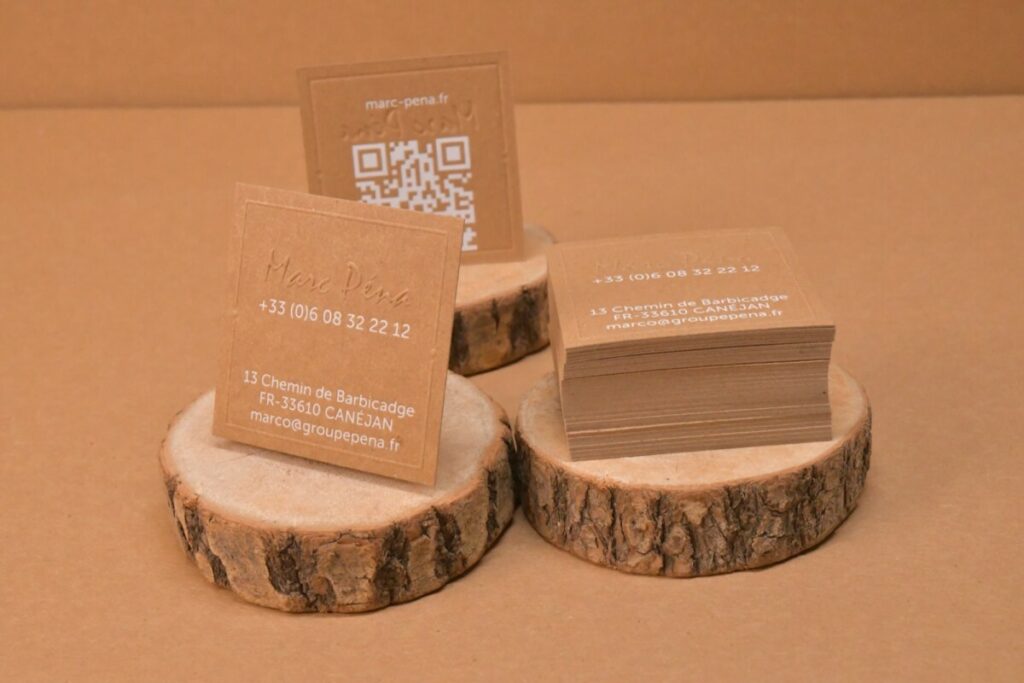 Cartes de visites carrées pour société de recyclage – QR Code en Marquage à chaud blanc et gaufrage sans impression – Papier kraft 100 recyclé 350gr