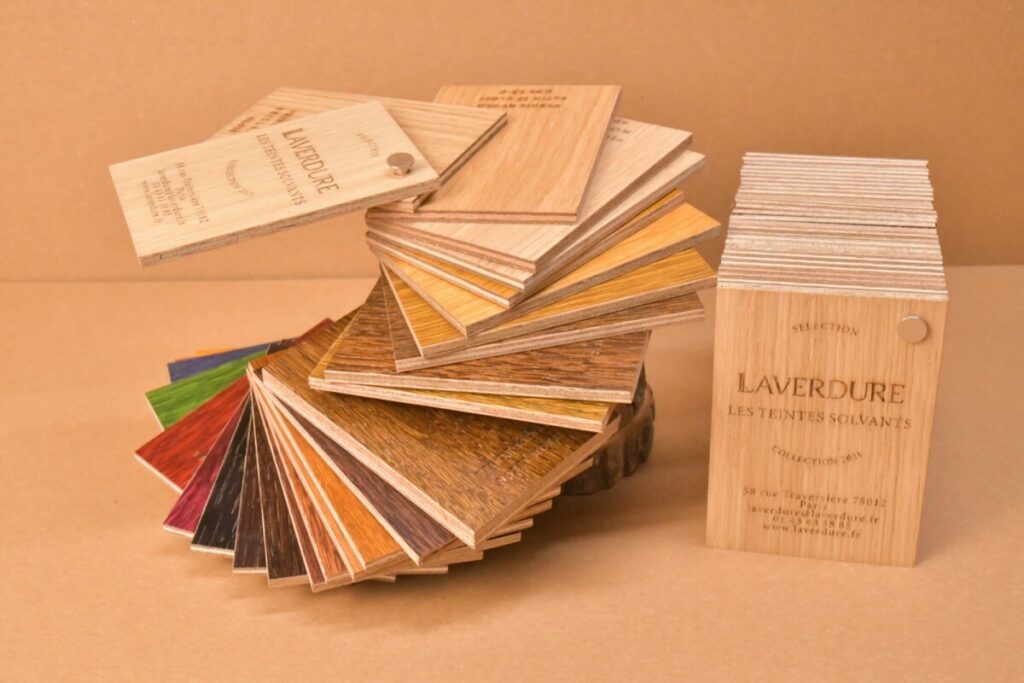 Nuancier en bois pour teintes de vernis avec gravure laser et reliure par vis chromée
