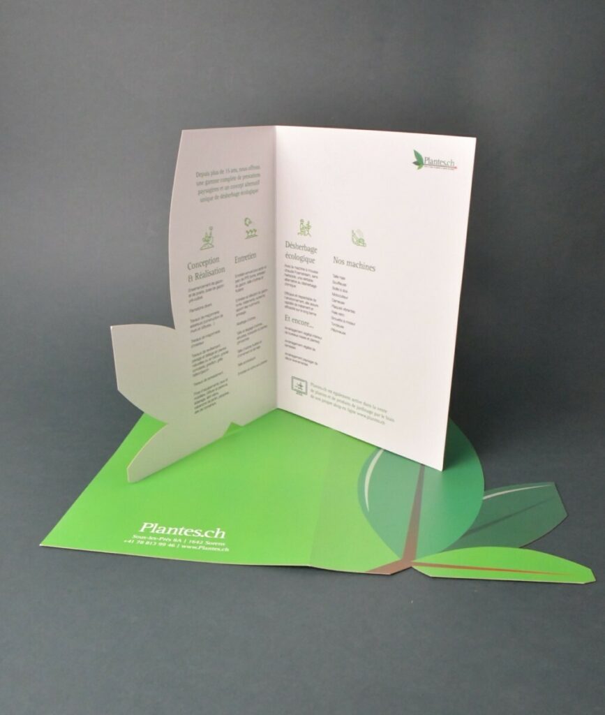 Plaquette de présentation Paysagiste – Découpe laser en forme de feuille – Pelliculage mat