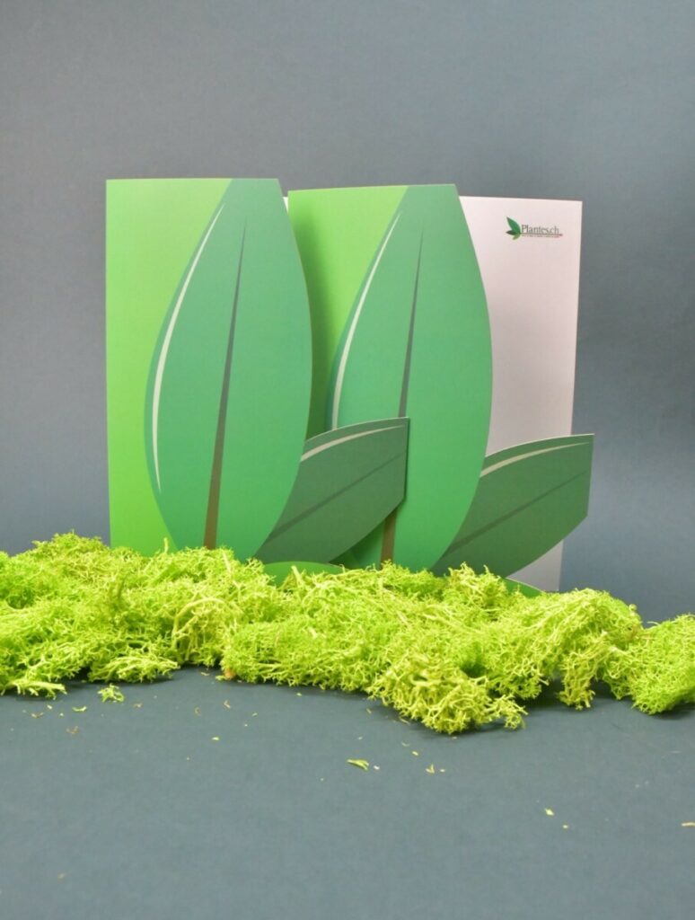 Plaquette de présentation Paysagiste – Découpe laser en forme de feuille – Pelliculage mat