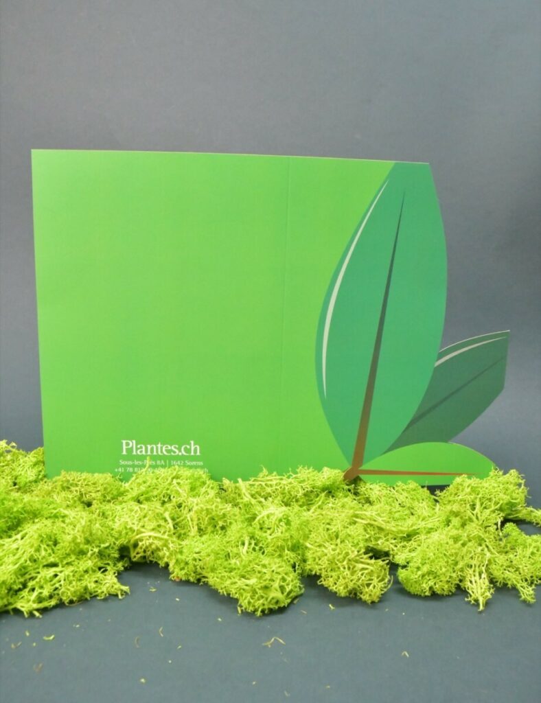 Plaquette de présentation Paysagiste – Découpe laser en forme de feuille – Pelliculage mat