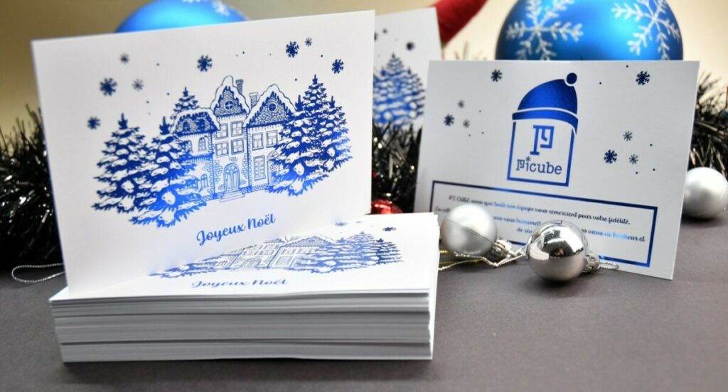 Carte de voeux Joyeux noël en dorure numérique bleu – Olin Regular Ultimate White 300gr/m2