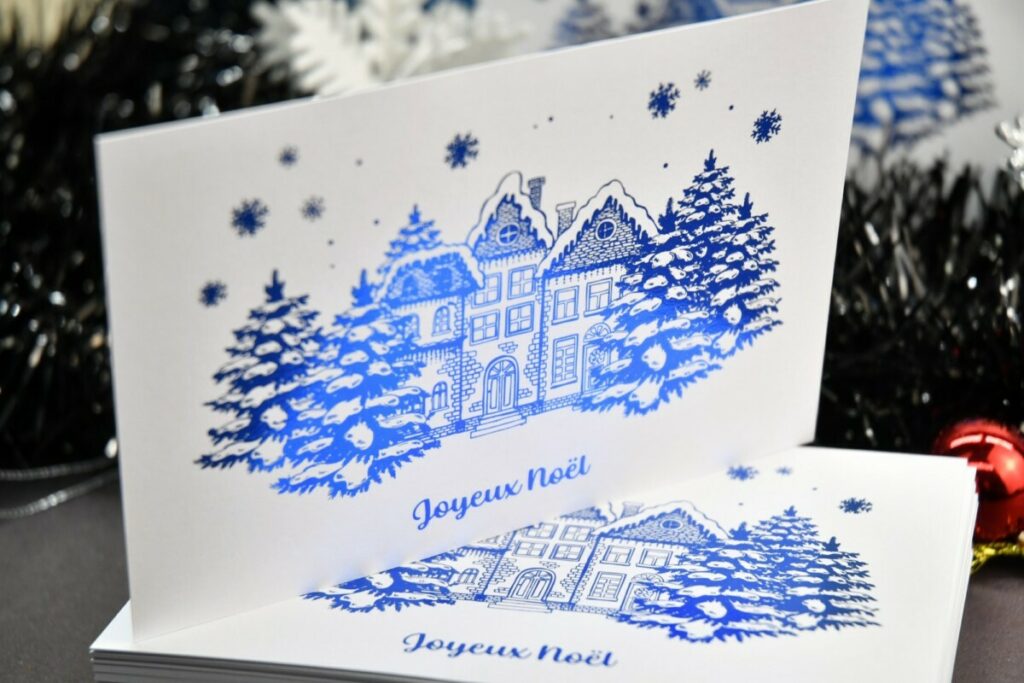 Carte de voeux Joyeux noël en dorure numérique bleu – Olin Regular Ultimate White 300gr/m2