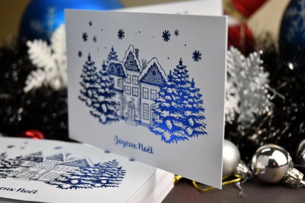 Carte de voeux Joyeux noël en dorure numérique bleu – Olin Regular Ultimate White 300gr/m2