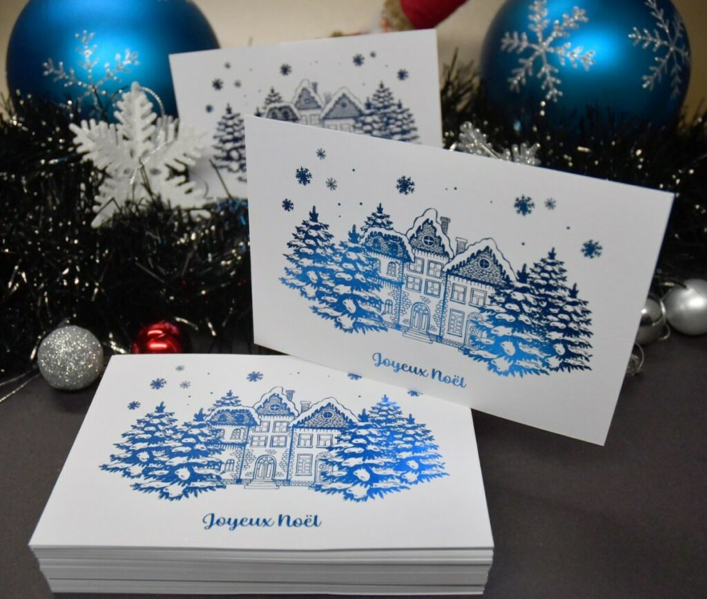Carte de voeux Joyeux noël en dorure numérique bleu – Olin Regular Ultimate White 300gr/m2