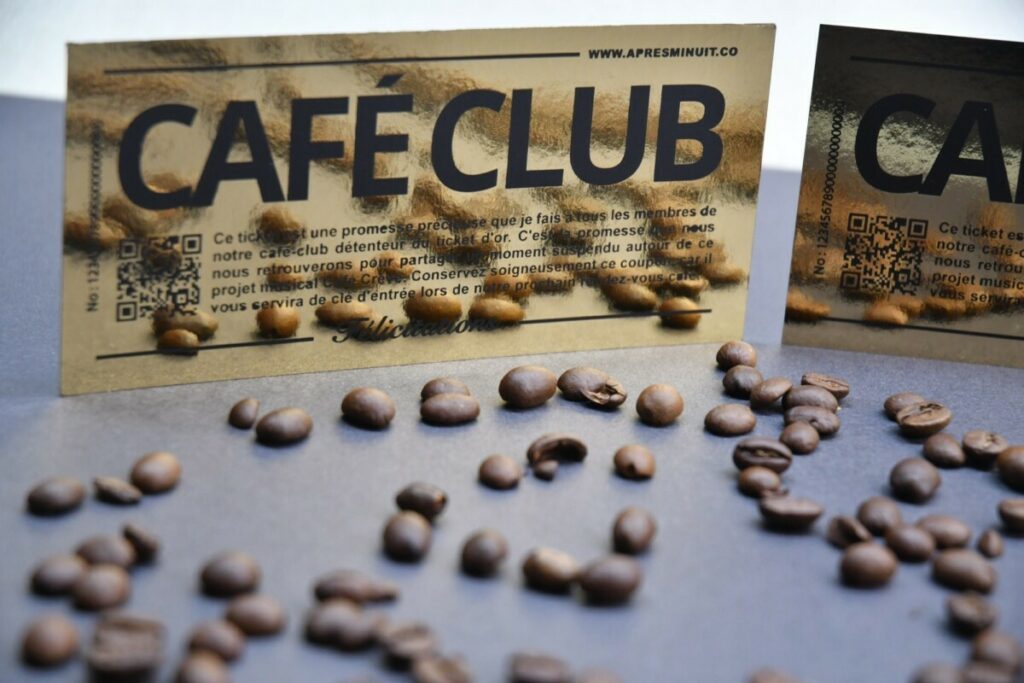 Tickets d’or pour café club – Dorure numérique OR R°V° – découpe rectangle