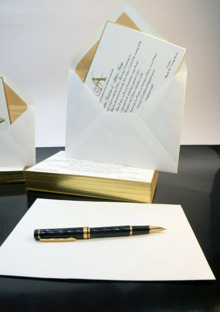 Faire part de mariage, RSVP et enveloppes doublées papier or  – Marquage à chaud or galbé – Contre collage Triplex 900gr/m2 – Impression noir thermorelief – Dorure sur tranche OR 4 cotés – Old mill Bianco
