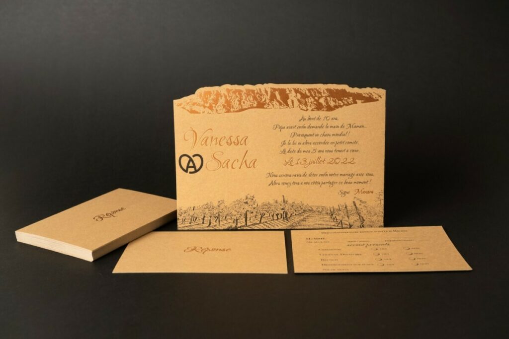 Faire-part de mariage provençal A5 avec marquage à chaud or rose montagne sainte Victoire sur papier kraft recyclé et découpe laser  – Nomad Kraft 350g