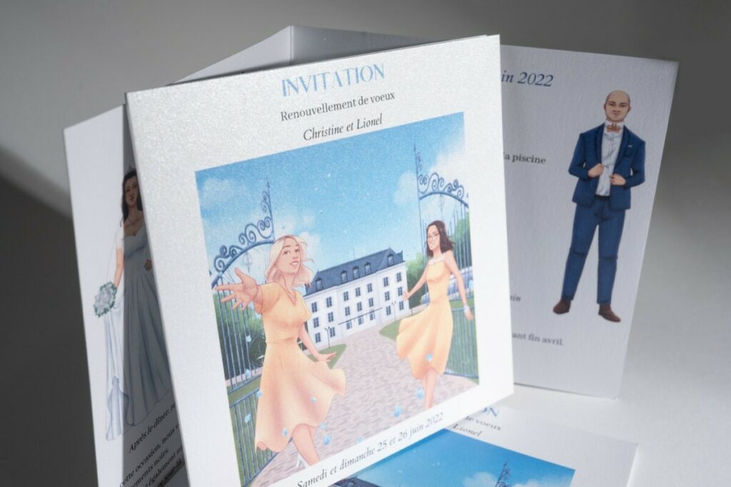 Carton d’invitation pour renouvellement de voeux de mariage avec dessin du château et des mariés – Curious metallics perle akoya 300g