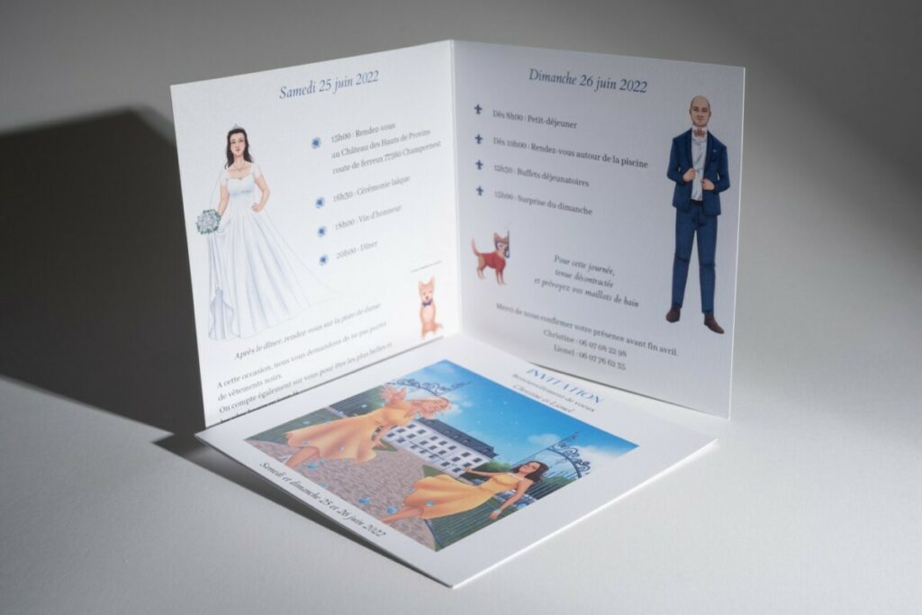 Carton d’invitation pour renouvellement de voeux de mariage avec dessin du château et des mariés – Curious metallics perle akoya 300g
