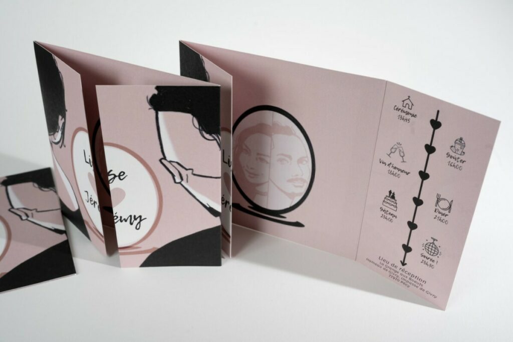 Faire-part de mariage noir et rose poudré avec 2 rainages et pli fenêtre – Old mill premium white 250g