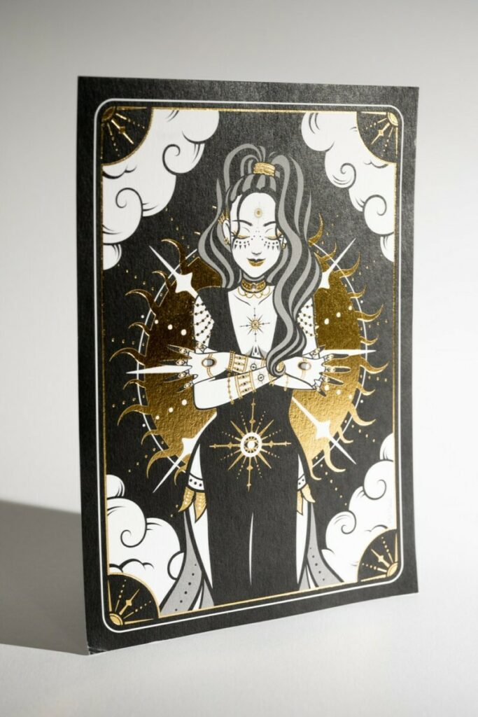 Poster A5 illustratrice fan art Moon and Sun – Noir et marquage à chaud or – old mill premium white 300g