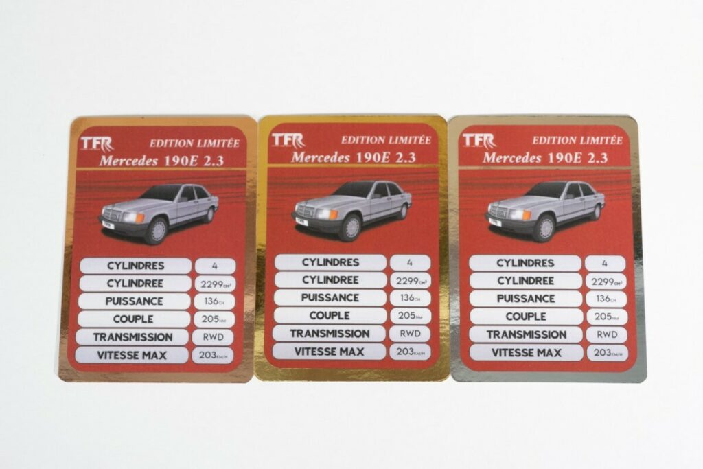 Cartes voitures anciennes à collectionner pour récompense de campagne de crowdfunding – Dorure numérique Or, argent et cuivre – Pelliculage mat – 4 angles arrondis 6mm