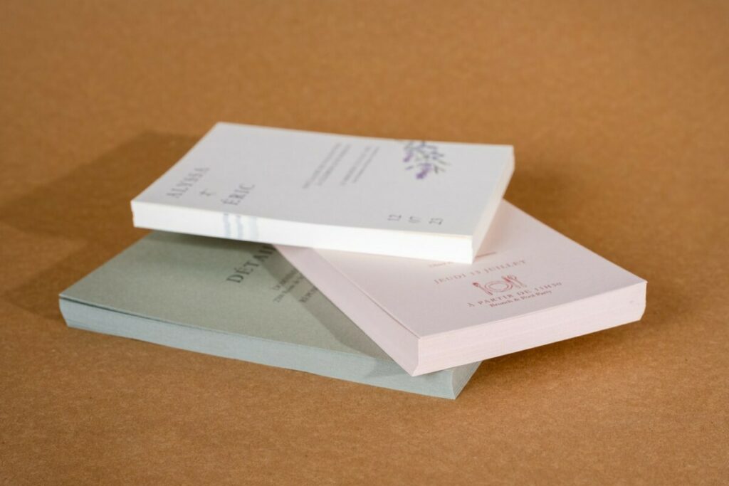 Faire-part de mariage et rsvp sur papier de couleur – Découpe rectangle – Sirio color Nude – Old mill premium white – Materica verdigris