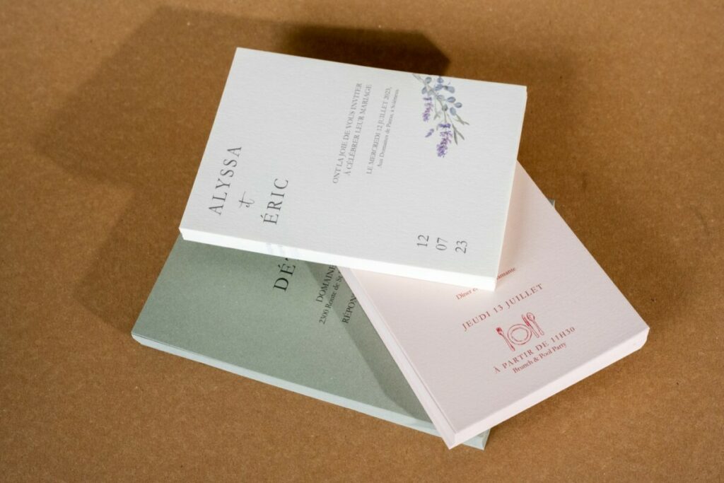 Faire-part de mariage et rsvp sur papier de couleur – Découpe rectangle – Sirio color Nude – Old mill premium white – Materica verdigris