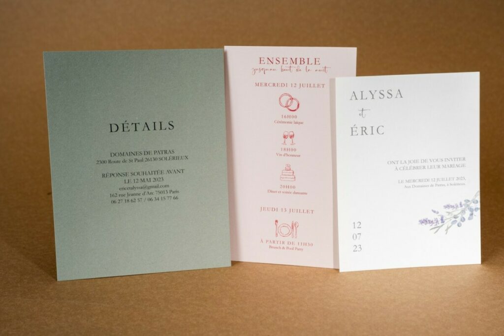 Faire-part de mariage et rsvp sur papier de couleur – Découpe rectangle – Sirio color Nude – Old mill premium white – Materica verdigris