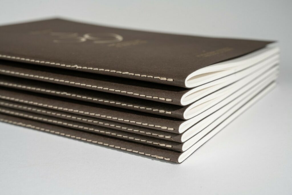 Carnets de notes pour cabinet d’architecte avec dorure à chaud or mat – Reliure en couture singer au pli – Colorplan Bitter Chocolate 270g