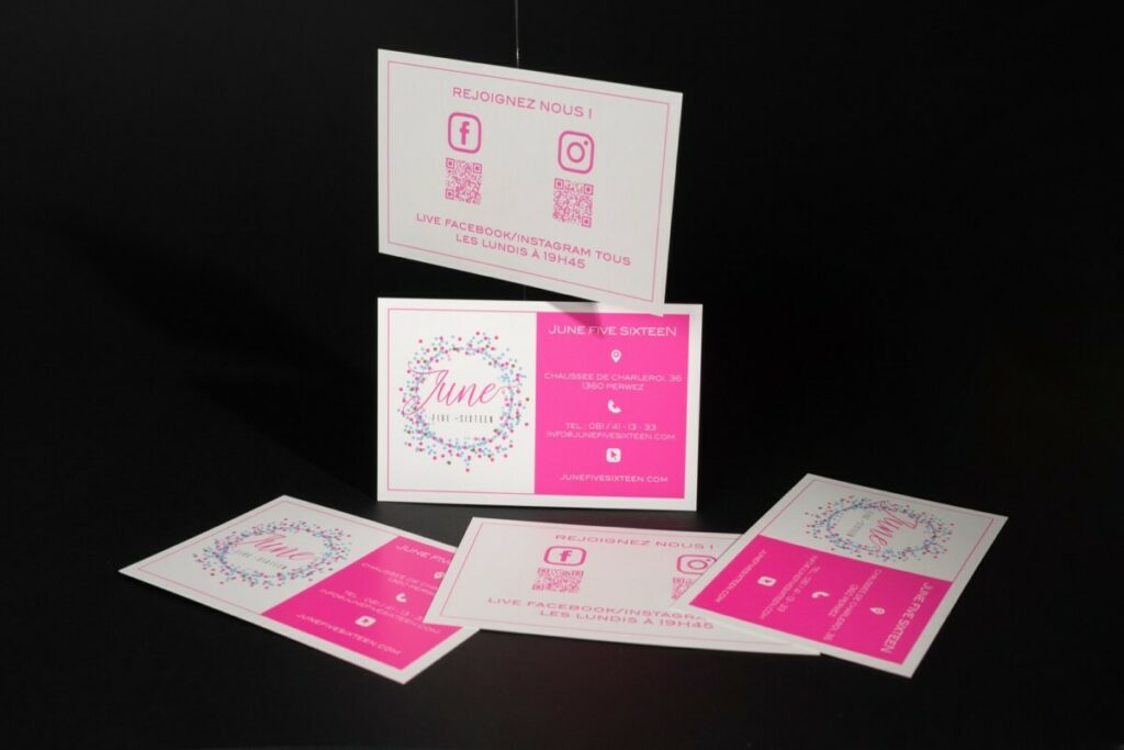 Cartes de visite rose fluo pour magasin de vêtement fashion – Pantone rose néon 806C – Couché mat 300g