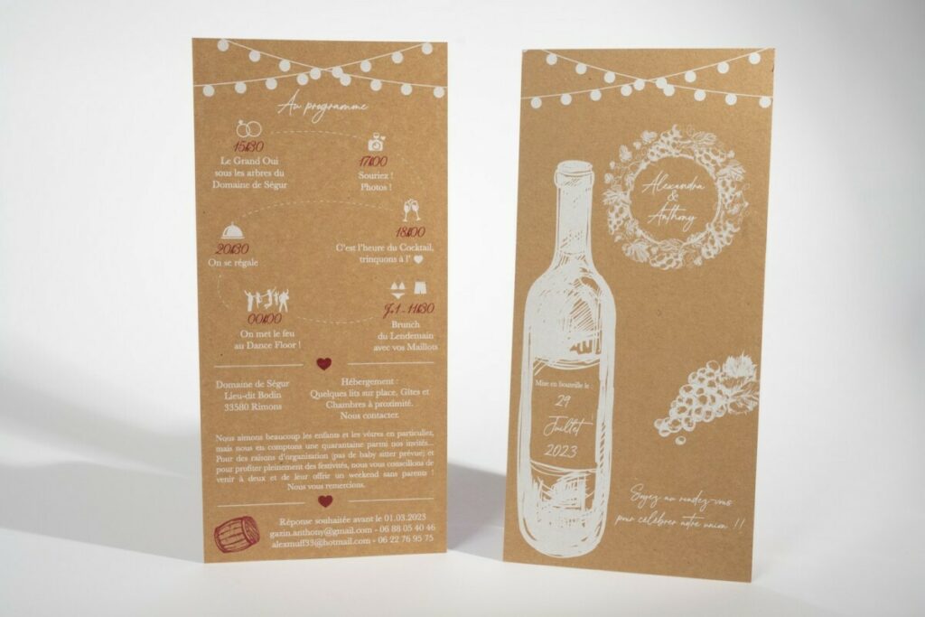 Faire-part de mariage Bordeaux thème grands vins – Impression imitation kraft sur papier blanc – Old mill premium white 250G