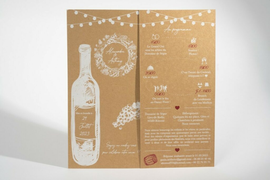 Faire-part de mariage Bordeaux thème grands vins – Impression imitation kraft sur papier blanc – Old mill premium white 250G