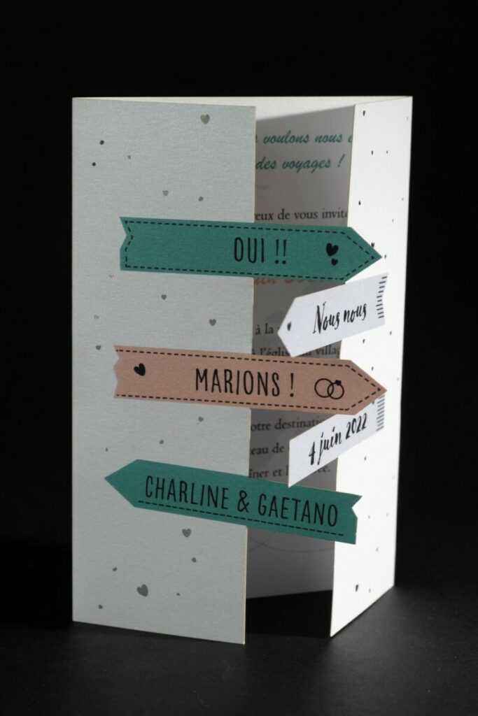 Faire-part de mariage panneaux direction – Papier nacré sirio pearl 230g – Découpe laser et rainages pli fenêtre