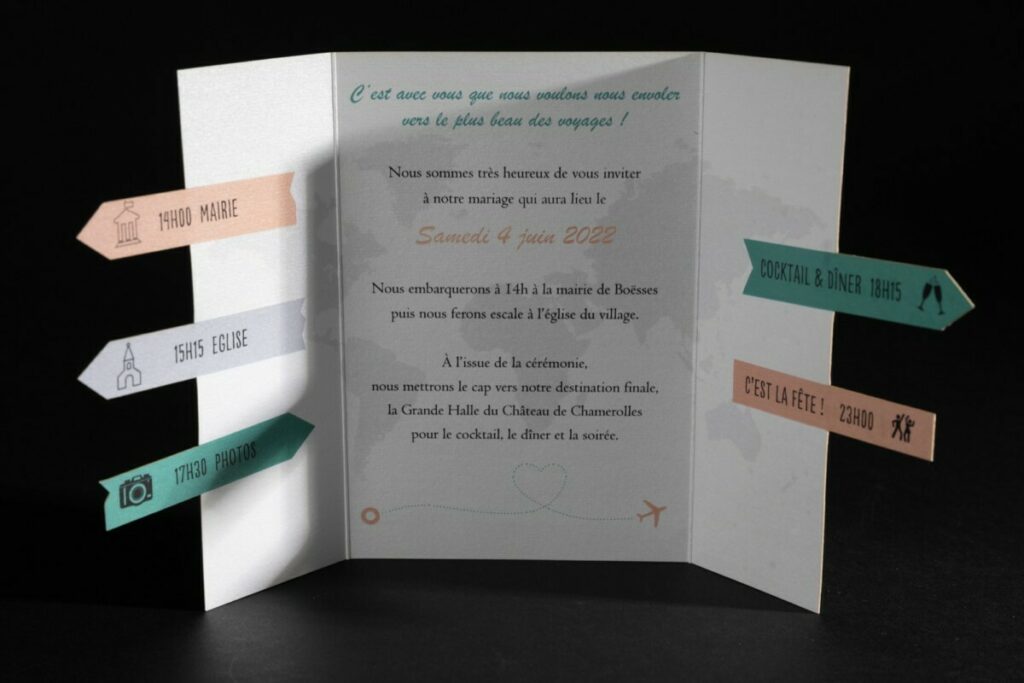 Faire-part de mariage panneaux direction – Papier nacré sirio pearl 230g – Découpe laser et rainages pli fenêtre
