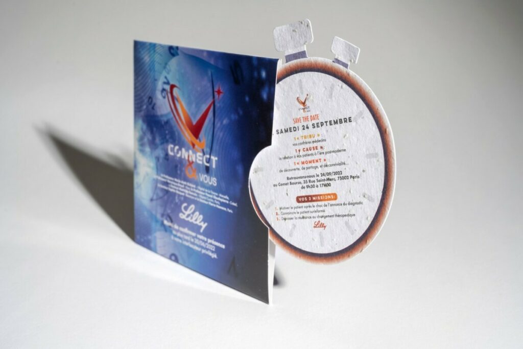 Save the date evènement en papier ensemencé – Forme de découpe chronomètre – Pochette avec découpe coup de pouce – Papier recyclé 7 graines de fleurs sauvage