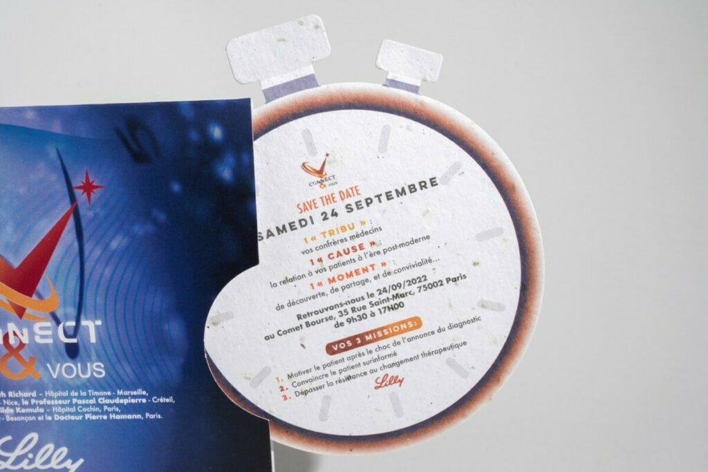Save the date evènement en papier ensemencé – Forme de découpe chronomètre – Pochette avec découpe coup de pouce – Papier recyclé 7 graines de fleurs sauvage
