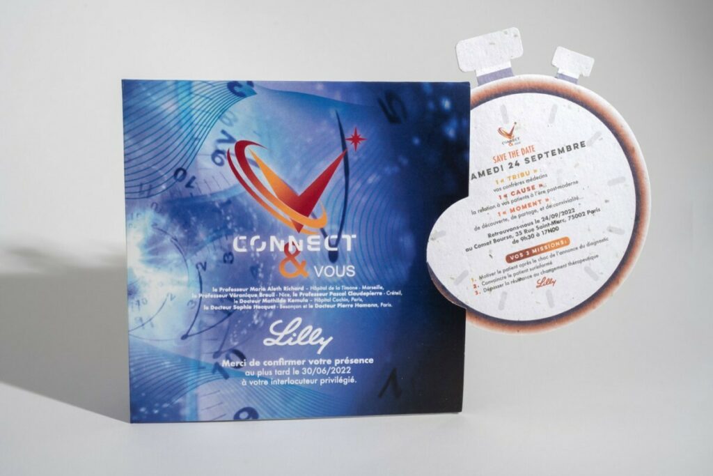 Save the date evènement en papier ensemencé – Forme de découpe chronomètre – Pochette avec découpe coup de pouce – Papier recyclé 7 graines de fleurs sauvage