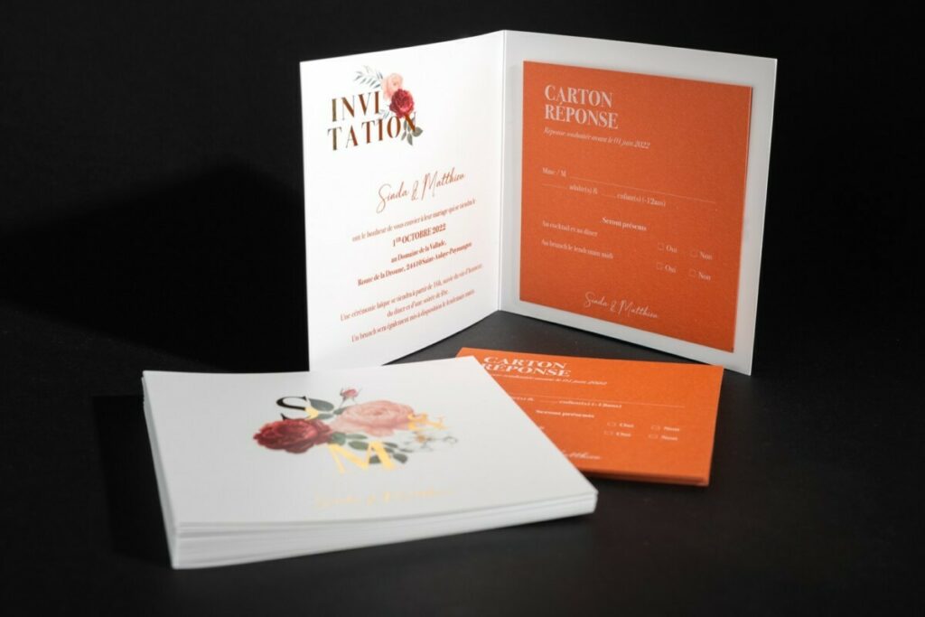 Faire-part de mariage 2 volets avec dorure numérique OR sur fleurs – Carton réponse impression blanche sur papier terracotta