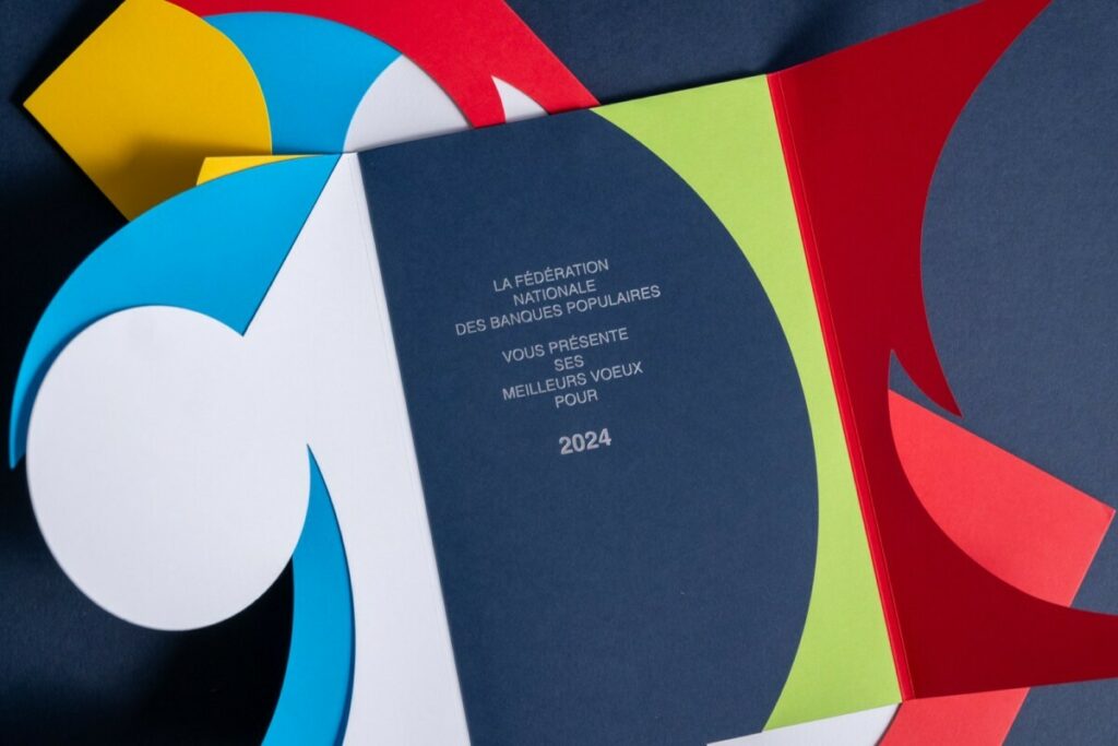 Carte de voeux écrin luxe multicouche avec contre collage et découpe à la forme – Olin Colours Cobalt, Poppy, Sunshine Yellow, California Blue – Marquage à chaud argent brillant