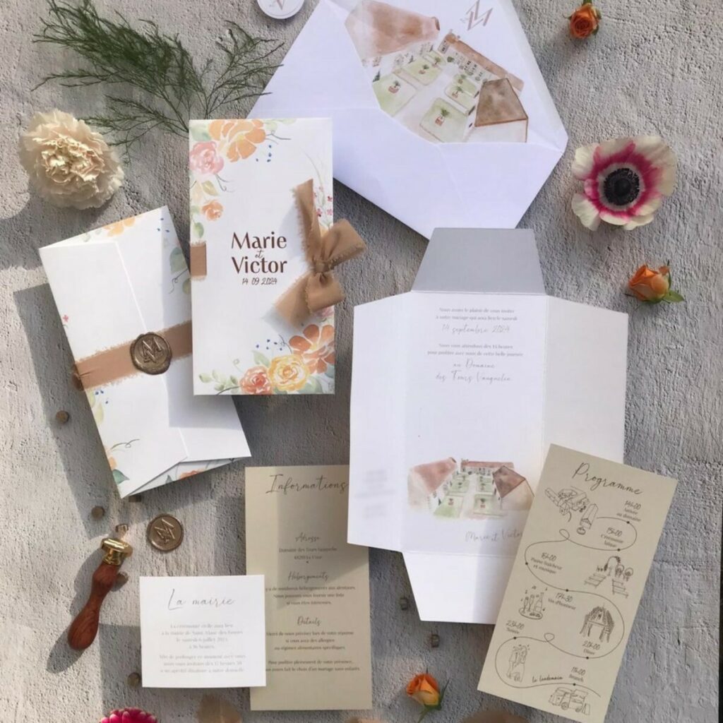 Faire-part de mariage avec illustration pochette sur mesure impression prénoms en Letterpress marron – Carton programme – Papier pur coton 350g – Colorplan Mist 350g