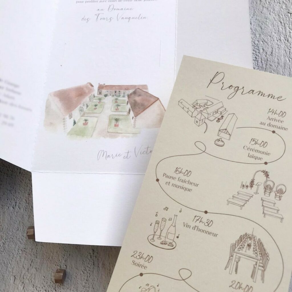 Faire-part de mariage avec illustration pochette sur mesure impression prénoms en Letterpress marron – Carton programme – Papier pur coton 350g – Colorplan Mist 350g