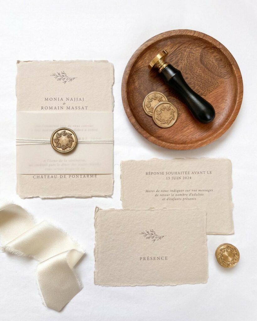 Faire-part de mariage sur papier fait main beige avec bords frangés naturels – Cachet de cire vieil or et belly band et lien en tissu blanc