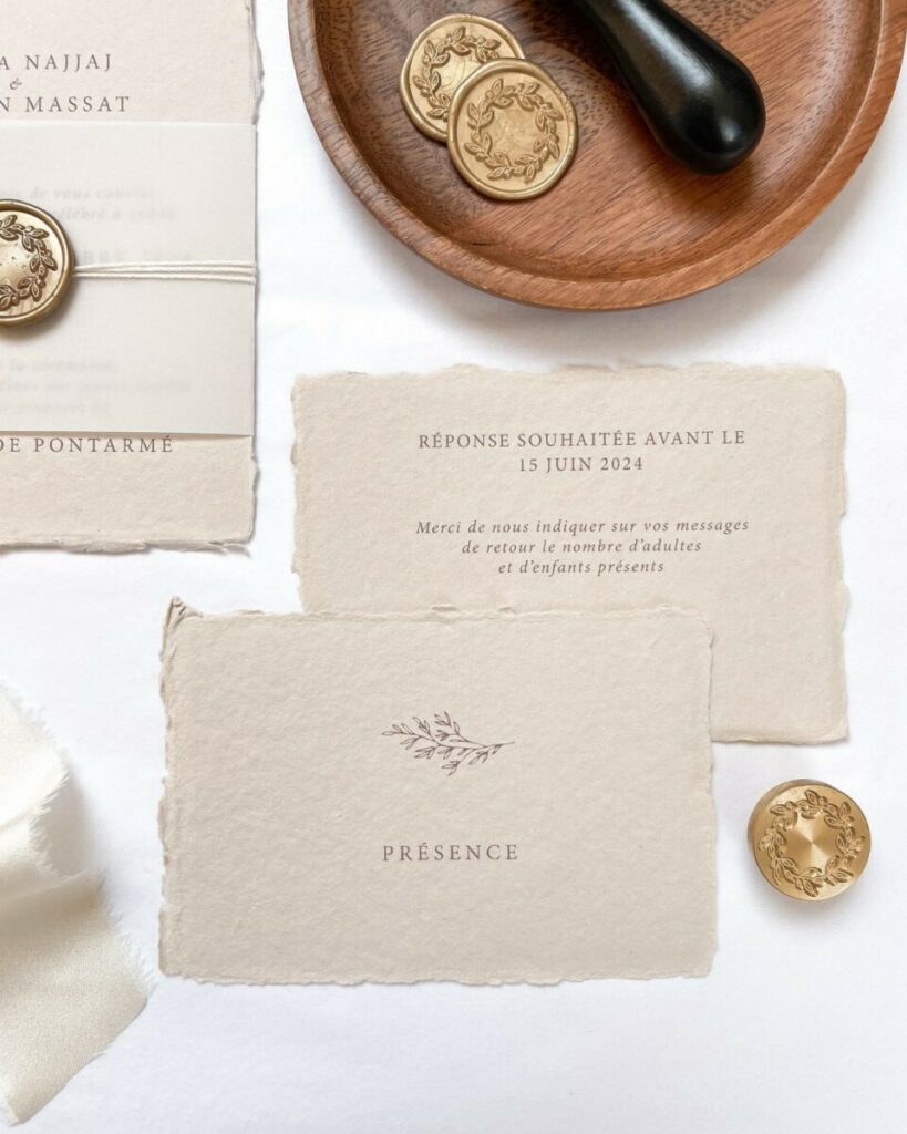 Faire-part de mariage sur papier fait main beige avec bords frangés naturels – Cachet de cire vieil or et belly band et lien en tissu blanc