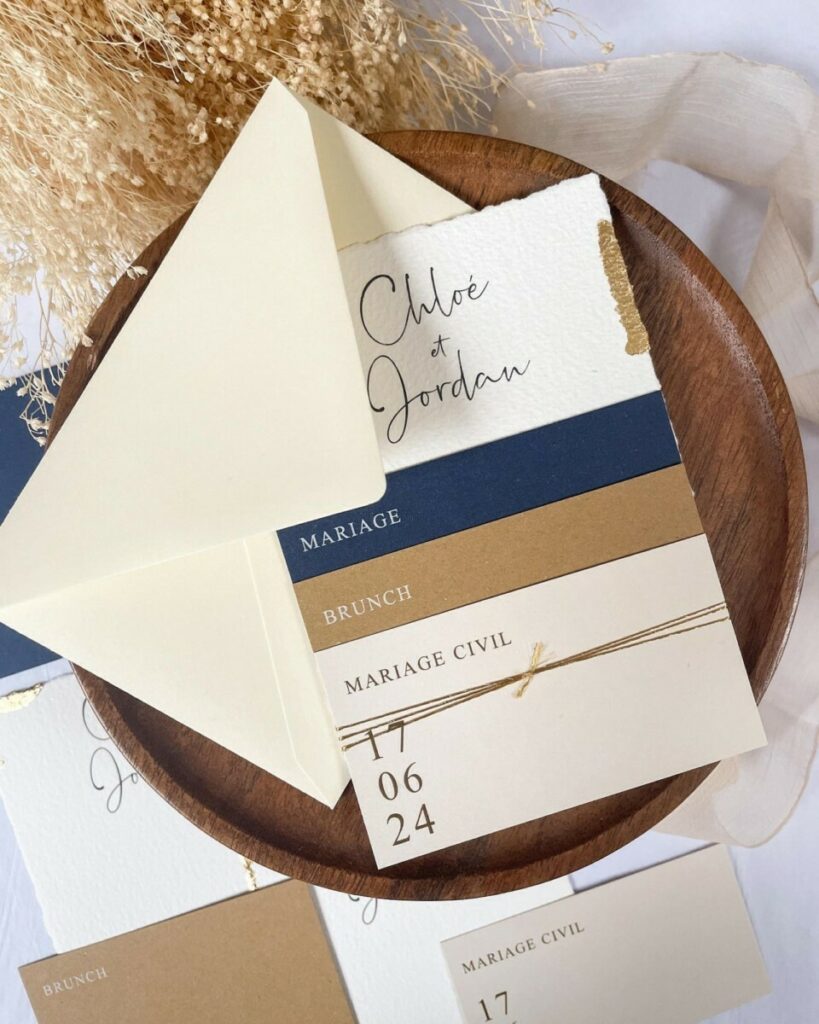 Faire-part de mariage avec dorure à la feuille d’or et bords frangés – Impression blanche numérique Colorplan Sapphire – Nomad Kraft – Colorplan Mist – Arches texture 400g