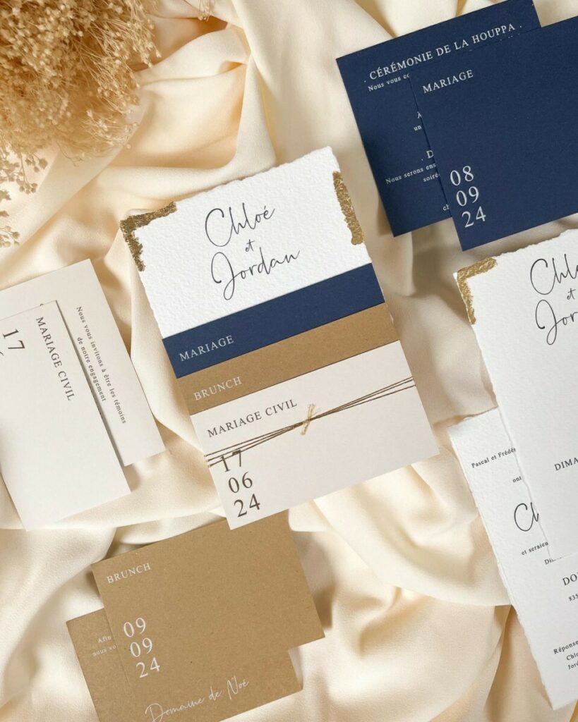 Faire-part de mariage avec dorure à la feuille d’or et bords frangés – Impression blanche numérique Colorplan Sapphire – Nomad Kraft – Colorplan Mist – Arches texture 400g