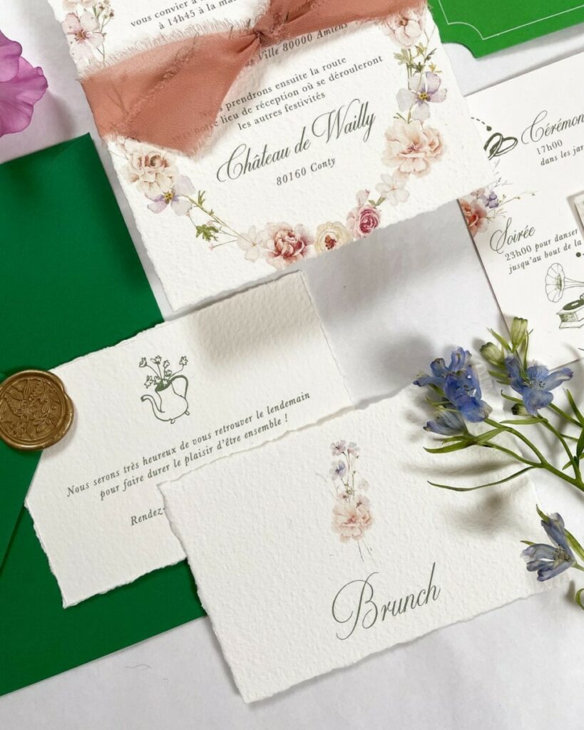 Layflat faire-part de mariage sur papier coton texturé avec calque cachet de cire et ruban en mousseline rose – arches texturé 400g – 1802 Costa Rica – Oeillet – Dorure numérique OR sur calque 150g