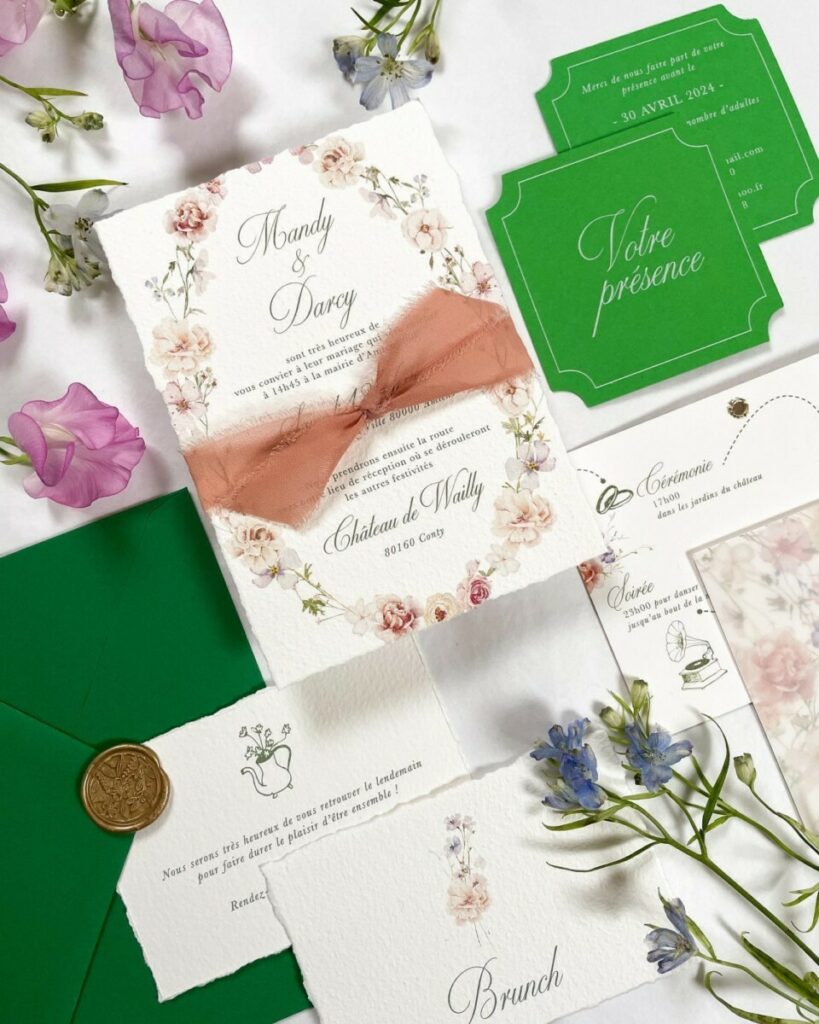 Layflat faire-part de mariage sur papier coton texturé avec calque cachet de cire et ruban en mousseline rose – arches texturé 400g – 1802 Costa Rica – Oeillet – Dorure numérique OR sur calque 150g
