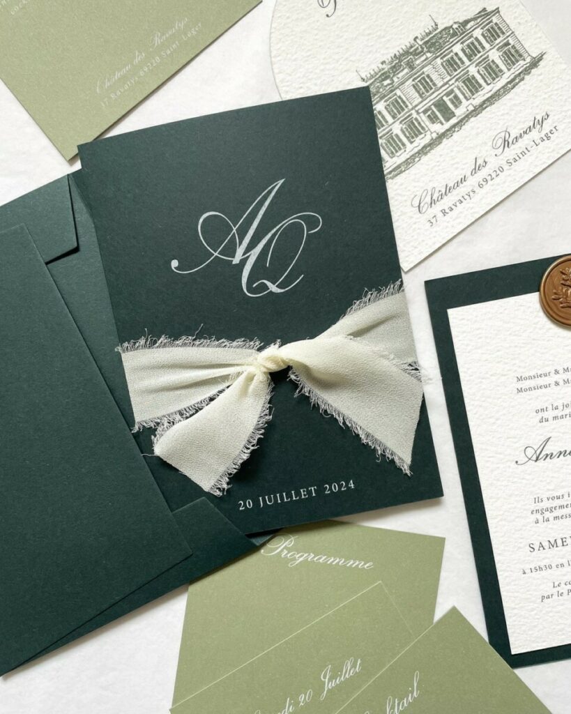 Faire-part de mariage château avec pochette à rabat et son ruban mousseline beige – Colorplan Racing Green , mid green – Arches Texture 400g – découpe numérique forme d’arche