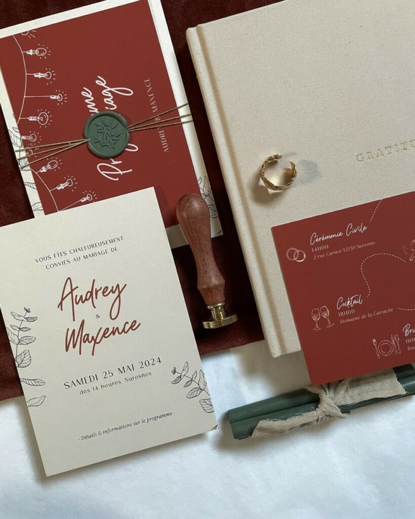Faire-part de mariage Beige et Terracotta – Colorplan Mist 350g – Carton programme en impression avec pelliculage soft touch