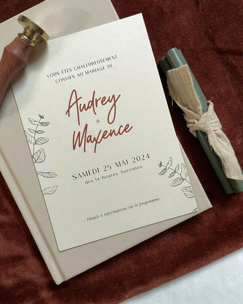Faire-part de mariage Beige et Terracotta – Colorplan Mist 350g – Carton programme en impression avec pelliculage soft touch
