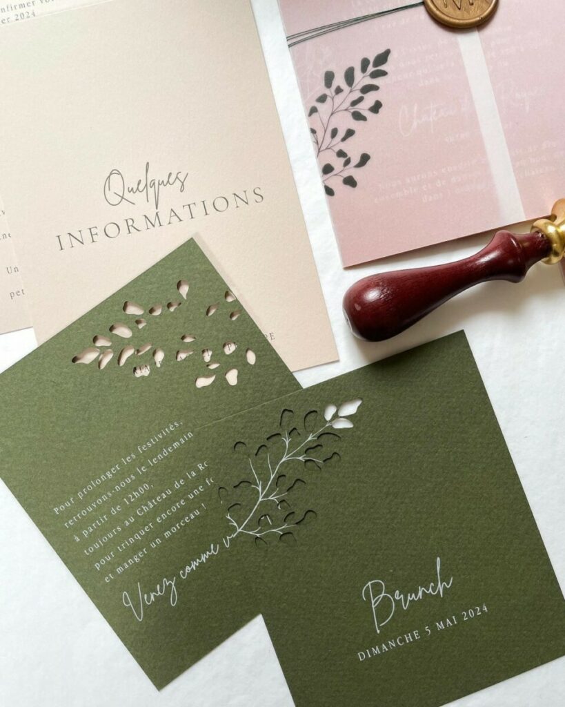 Carton brunch pour faire-part de mariage – impression blanche numérique – découpe laser – Tintoretto Ceylon Wasabi 350g