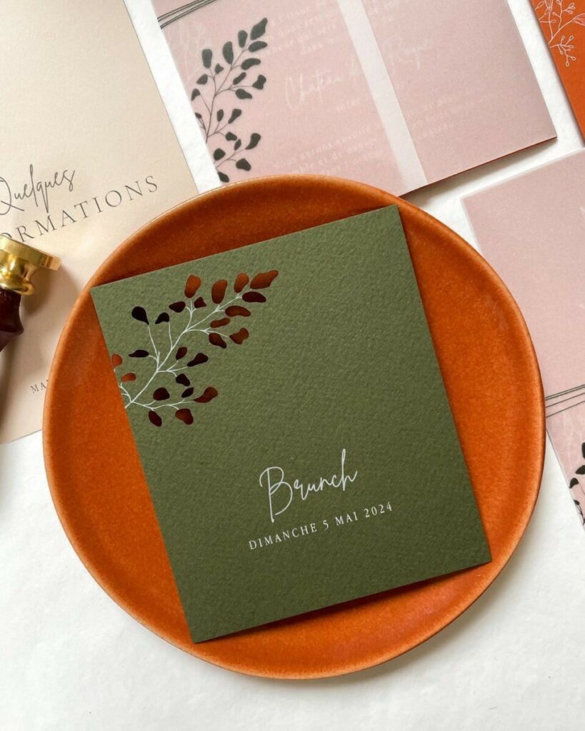 Carton brunch pour faire-part de mariage – impression blanche numérique – découpe laser – Tintoretto Ceylon Wasabi 350g