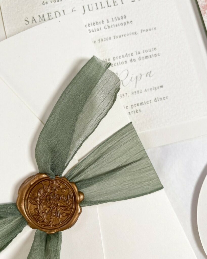 Faire-part de mariage floral pochette luxe avec ruban vert olive et cachet de cire bronze – Arches Expression texture 400g – découpe numérique ronde – old mill bianco 300g